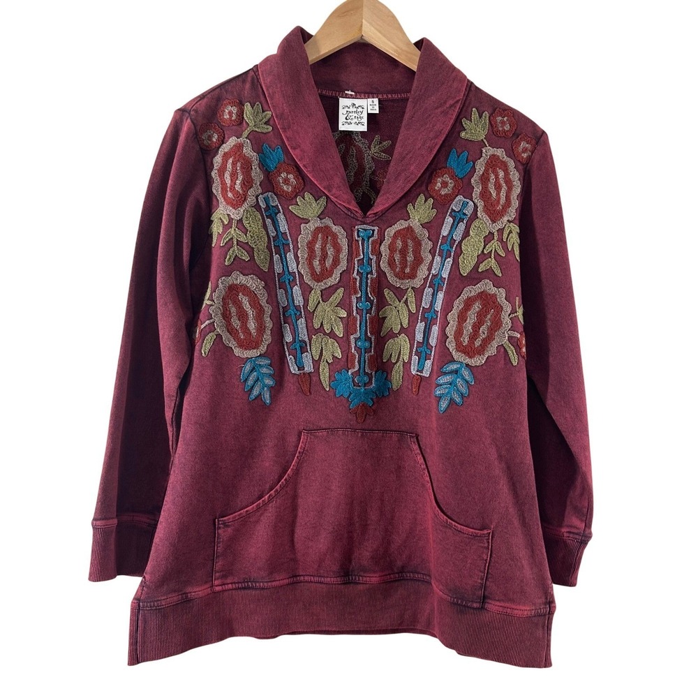 Parsley & Sage Womens Burgundy Floral Embroidered Shawl Collar Sweatshirt Small